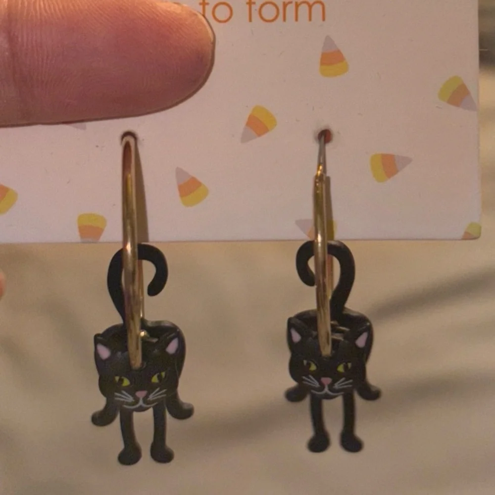 Black Cats 3D dangling earrings.Gold & Black metal Halloween by True to Form NI